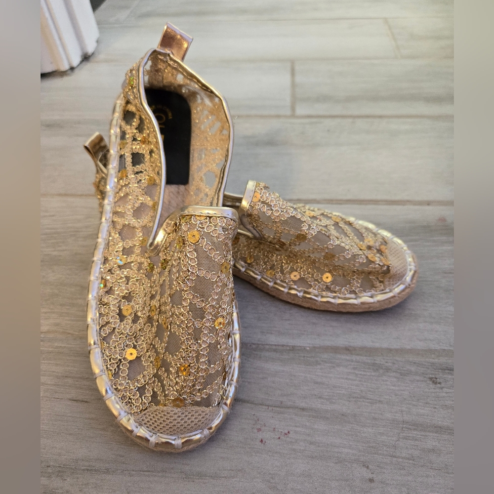 Gold Sequin Mesh Women Shoes, Size 7.5/8